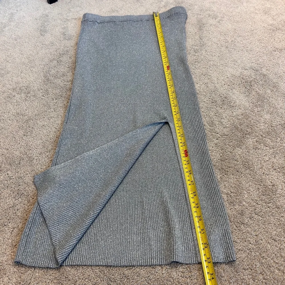 Zara metallic silver thread gray knit midi pencil skirt side slit Sz L NWOT￼